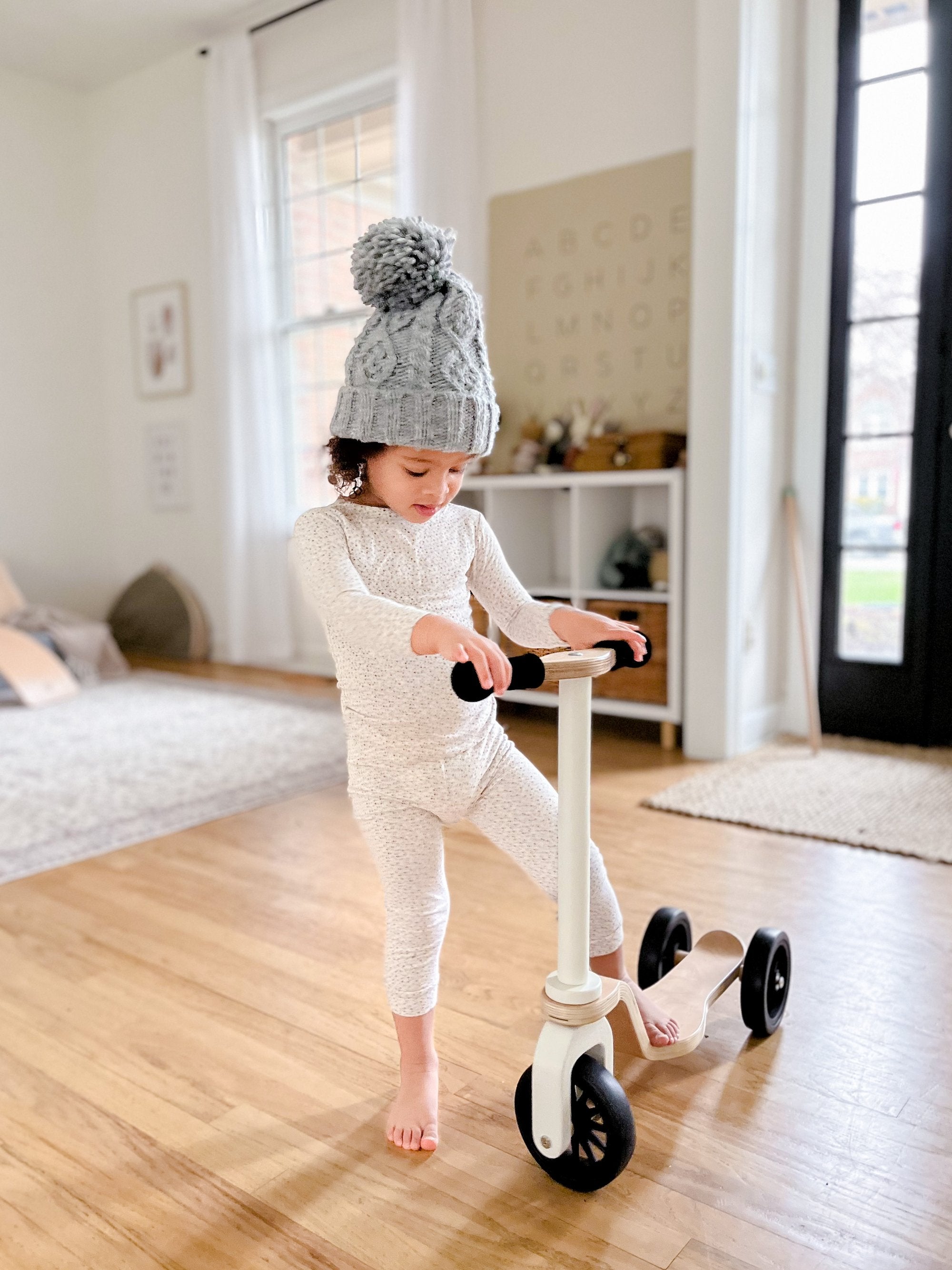 The Kinderscooter is crafted with sustainably-sourced birchwood, beechwood, water-based paints and child-safe finishings. While exploring the world on wheels, little ones develop their balance and coordination, strengthen gross motor skills and gain confidence. See where the scooter takes you outdoors, or glide across indoor surfaces with ease! Suitable for ages 2 years and older.