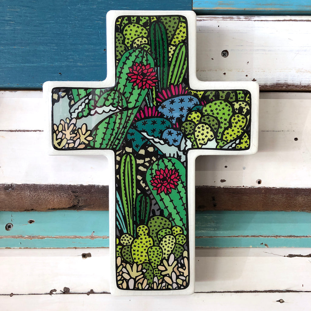 The Lost & Found Cross is a combination of hand drawn & printed illustrations mixed with a dash of mixed media, gorgeous fabrics, wood & resin.  You can hang your cross on the wall or stand it in amongst your treasures or indoor plants for a pop of unexpected colour. 