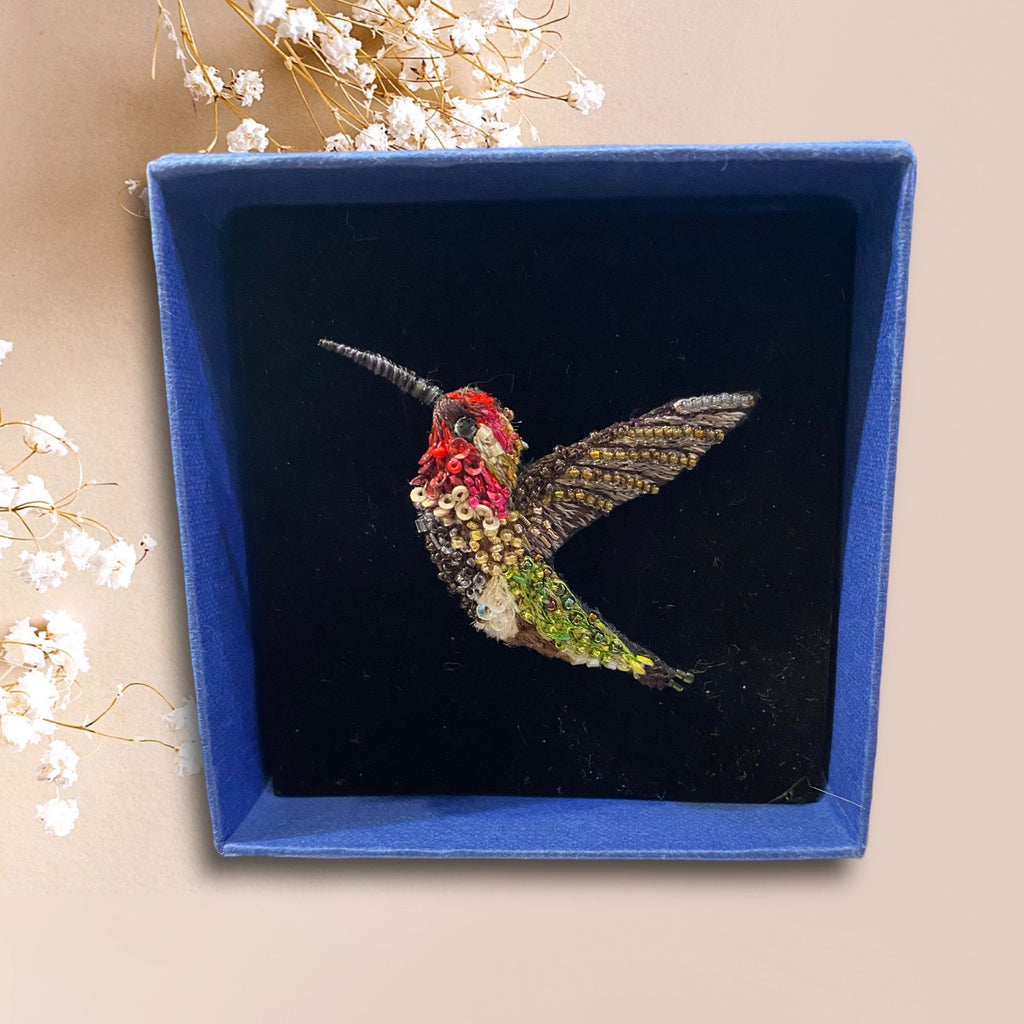 Trovelore brooch, hand made in india, sparkling hummingbird